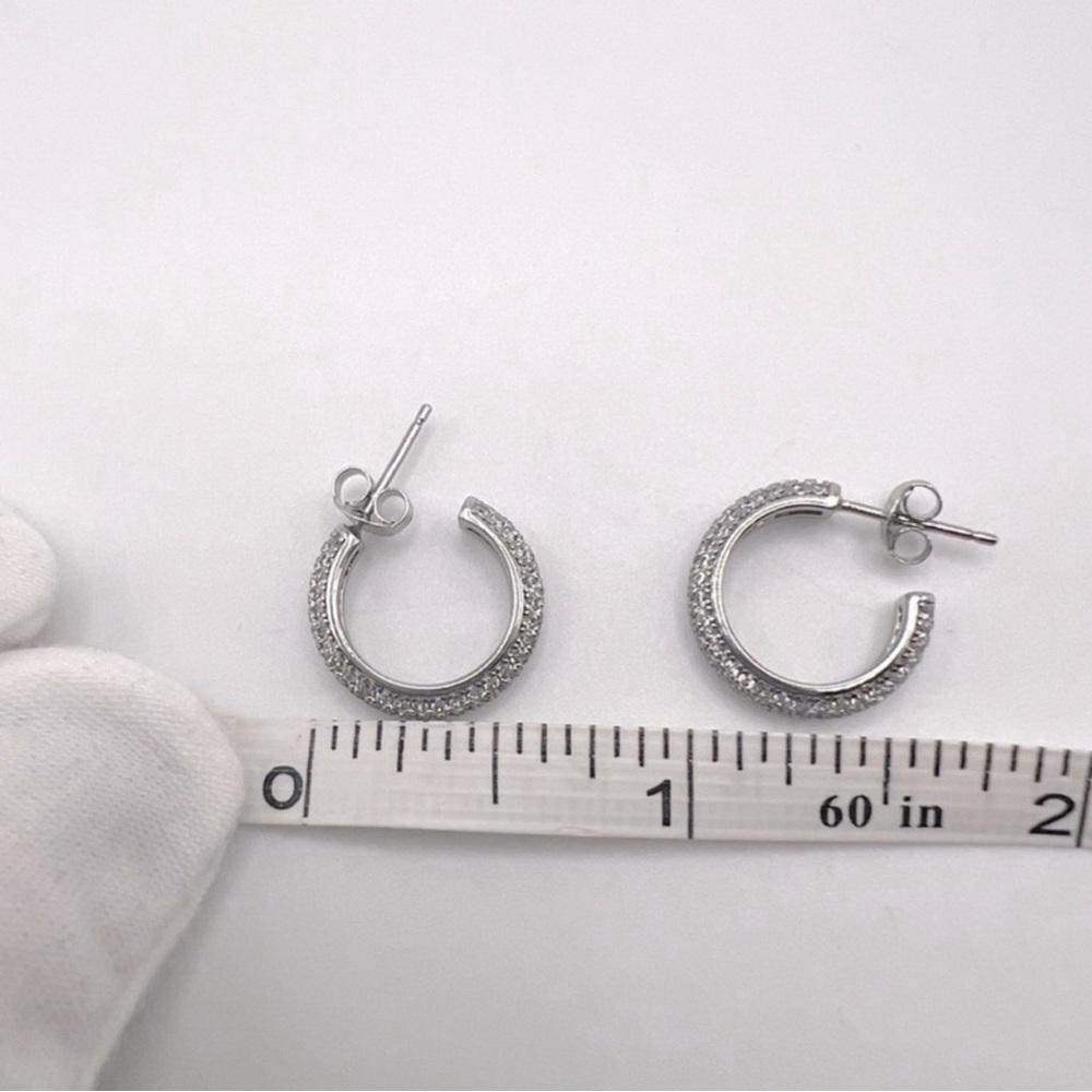 .925 Sterling Silver Pave Cz 16mm Post Hoop Earrings - Picture 13 of 15